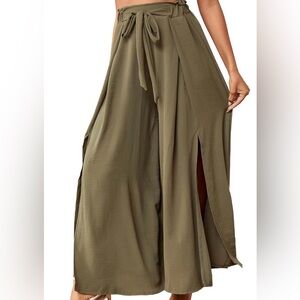Olive Green Tie Front High Waist Side Flowy Wide Leg Pleated Pant with Belt